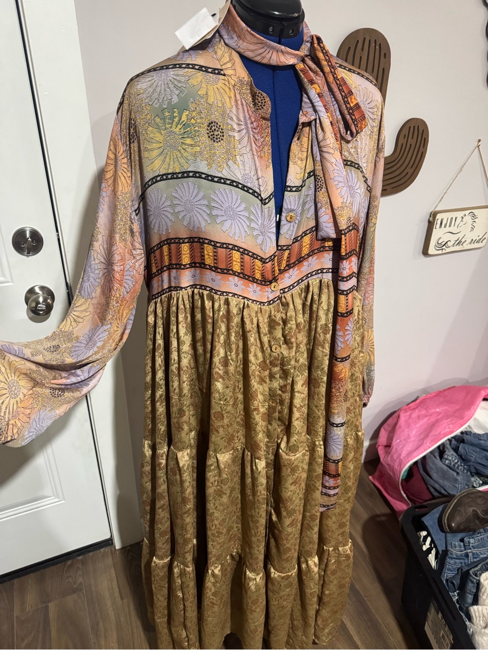 Brand new with tags. Kantha Bae Maxi Dress in Gold and Pastel Floral with belt